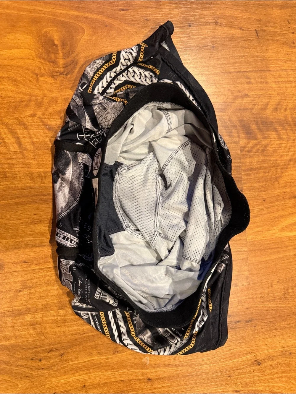 PSD Men’s Black Money-Print Athletic Shorts with Gold Trim